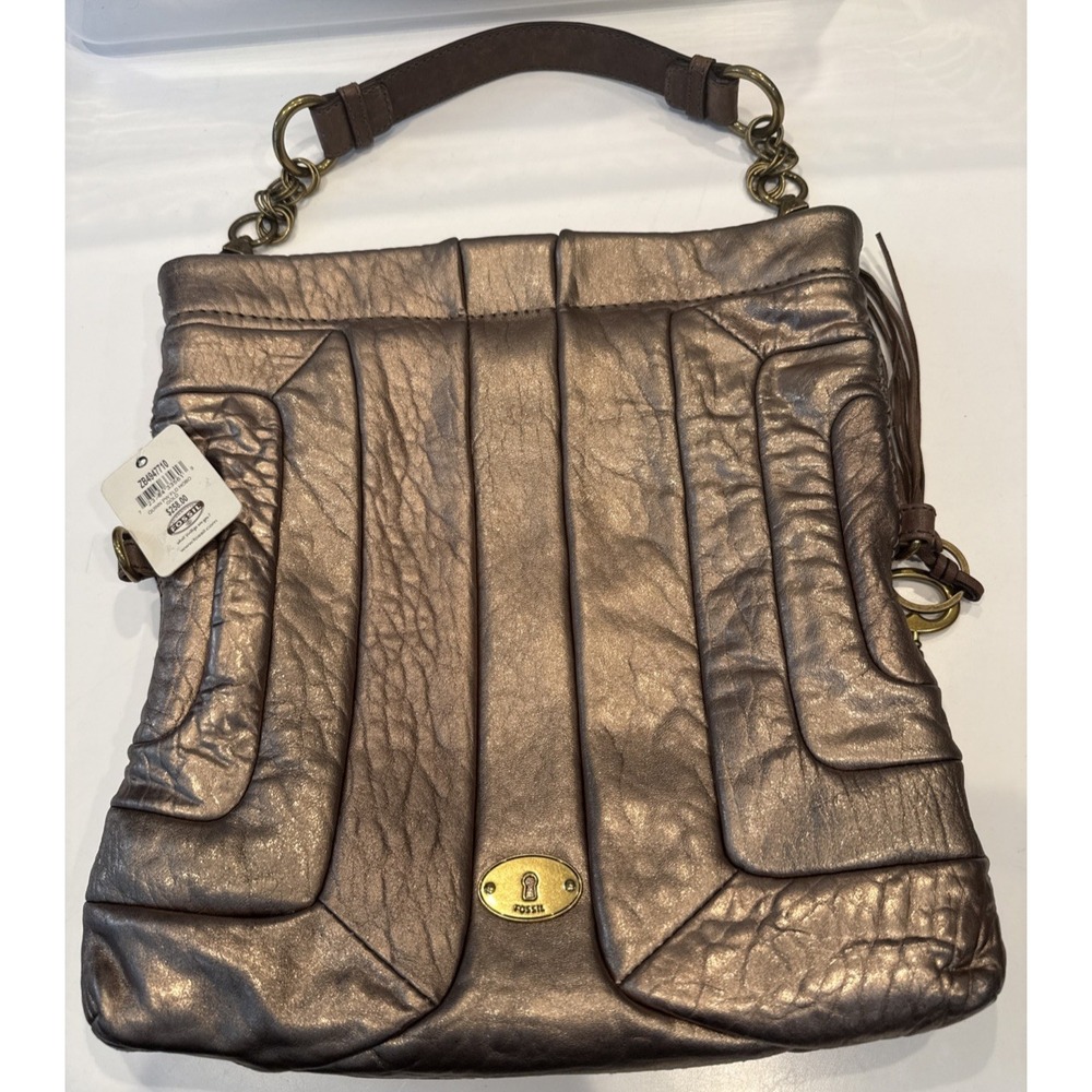 Fossil Quinn Hobo Bag Women Medium Gold Brand New Metallic Leather Tassel Purse